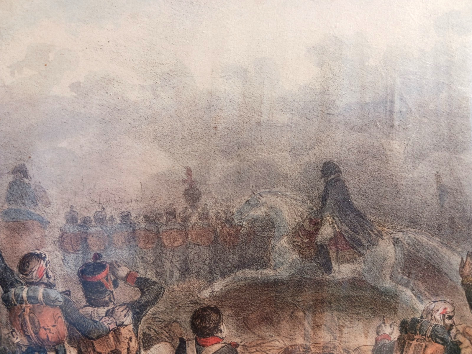 Antique historical French hand-colored lithograph Napoleon in battle by Raffet