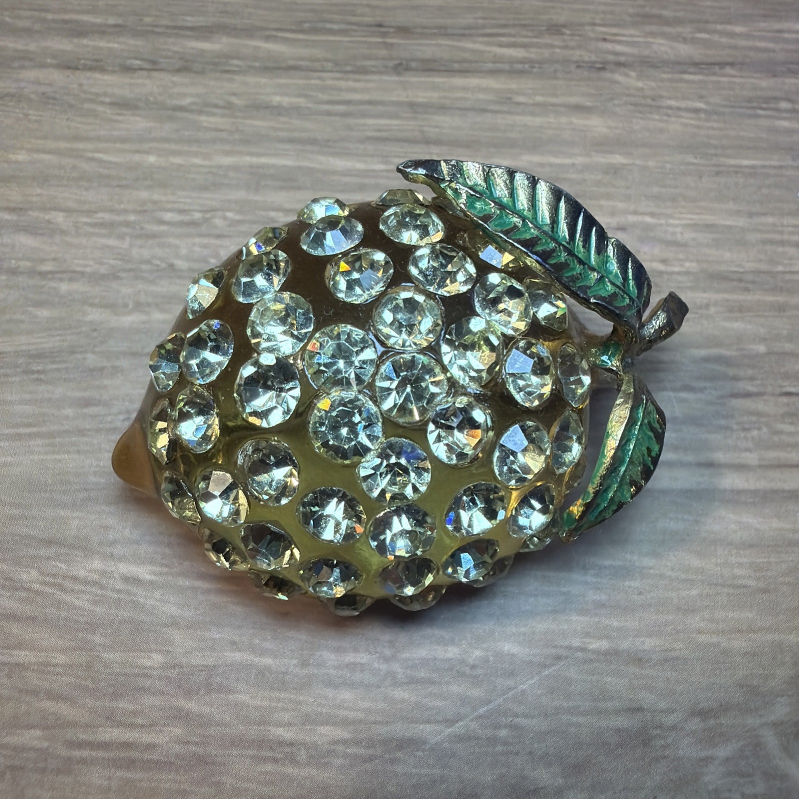 MINT  Vtg 1950s Austrian Forbidden Fruit Yellow Lucite Lemon Brooch Rhinestone