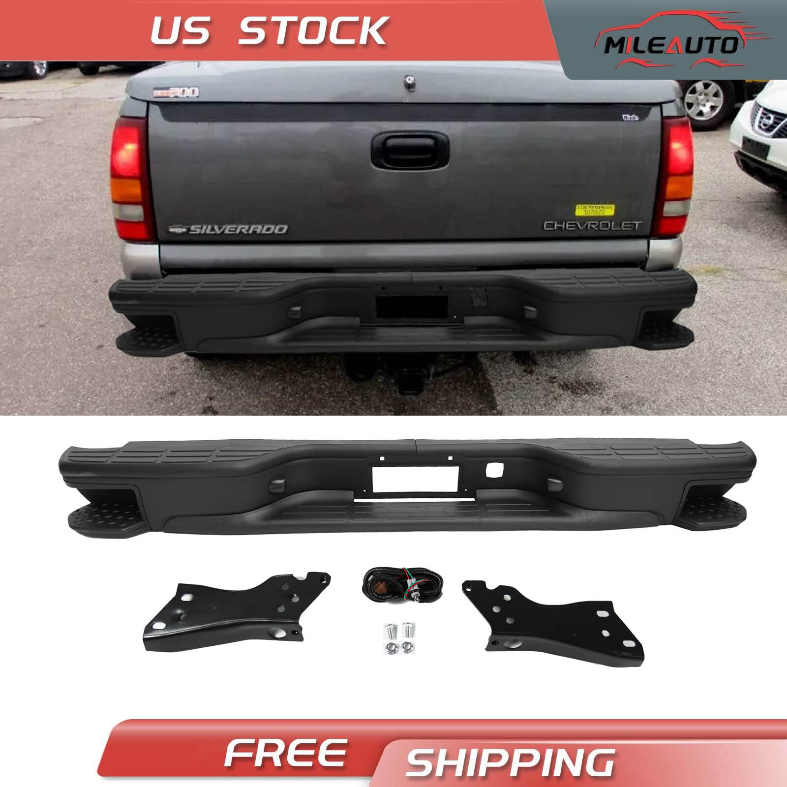 Black Rear Bumper w/Corner Steps For 1999-2006 Chevy Silverado GMC Sierra 1500