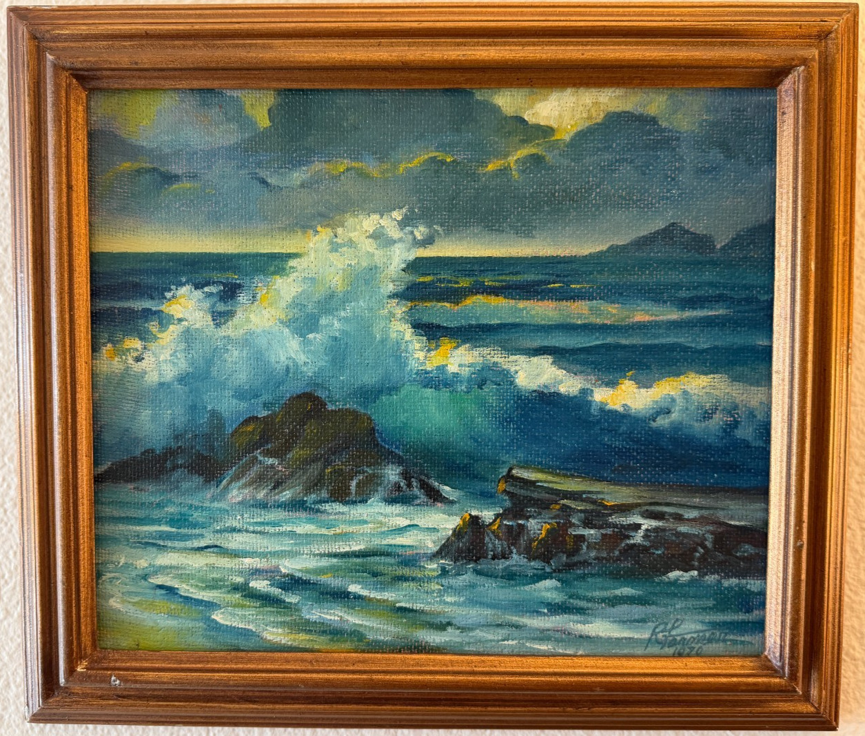 Vintage 1970 Original Coastal Seascape Oil Painting Signed Framed Ocean Waves