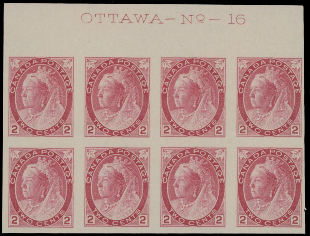 1899 CANADA QUEEN VICTORIA NUMERAL 2C CARMINE IMPERF PLATE No.16 BLOCK NH UN#77d