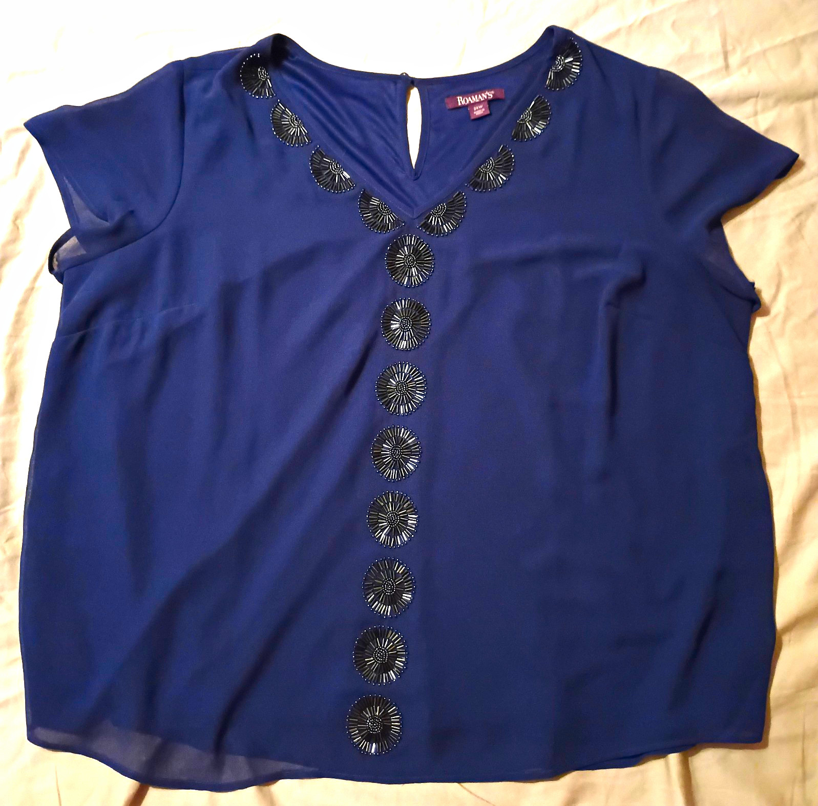 Roaman\'s Women\'s 24W Plus Navy Beaded Chiffon V-Neck Short Sleeve Lined Blouse