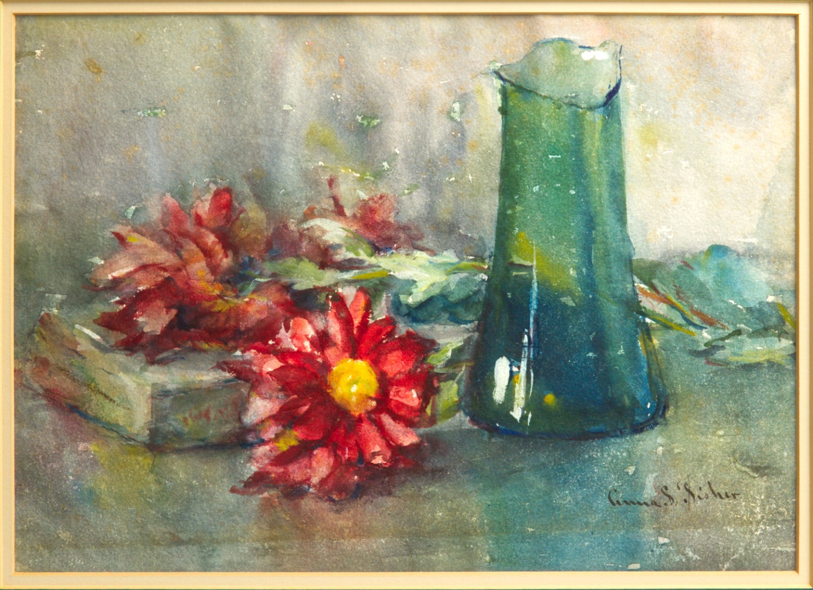 Anna S. Fisher Original Watercolor Still Life Red Flowers Signed Antique NY Anna S. Fisher Original Watercolor Still Life Red Flowers Signed Antique NY