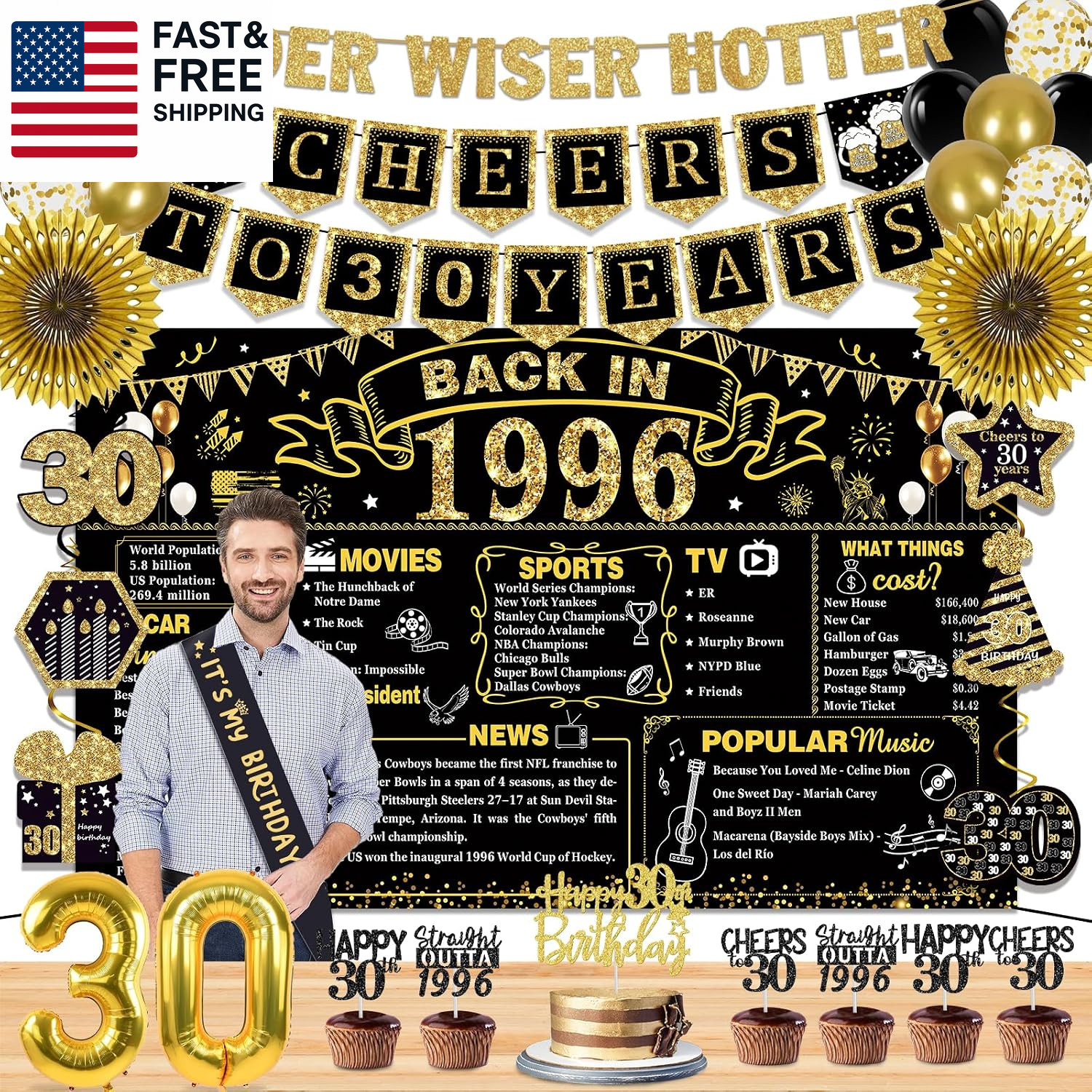 30Th Birthday Decorations for Men Women, 36 Pcs Back in 1996 Birthday Party Deco