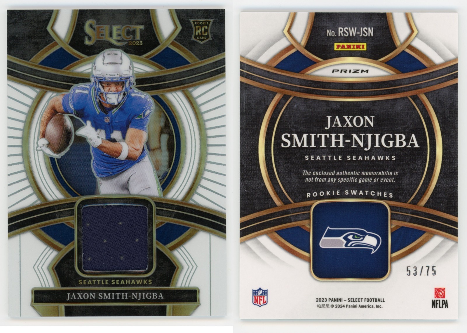 2023 Panini Select | Jaxon Smith-Njigba RC White Prizm Patch | 53/75 #RSW-JSN