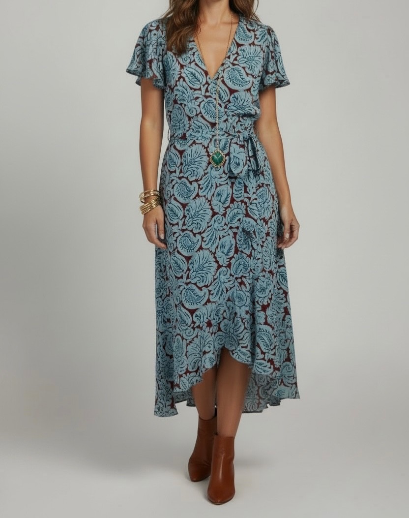 J. Crew V-Neck Flutter Hem Dress Aqua Paisley Blue Red Midi Ruffle Size 6