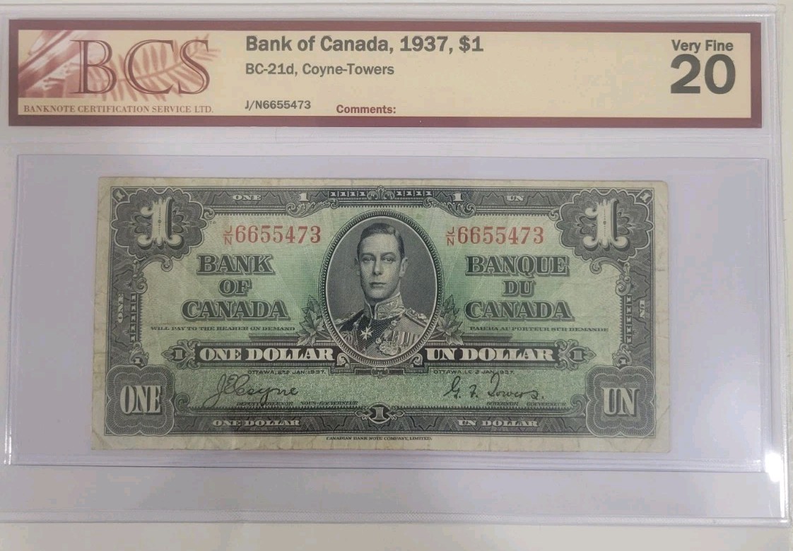 1937 canada 1 dollar bill J/N 6655473 COYNE-TOWERS
