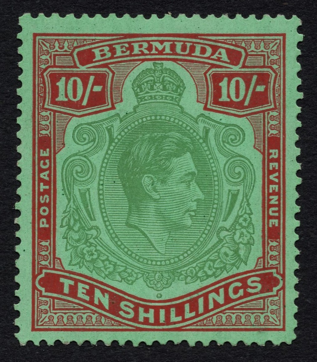 Bermuda 1939 KGVI SG 119a 10/-Bluish Green and Deep Red Samp  P14 MNH