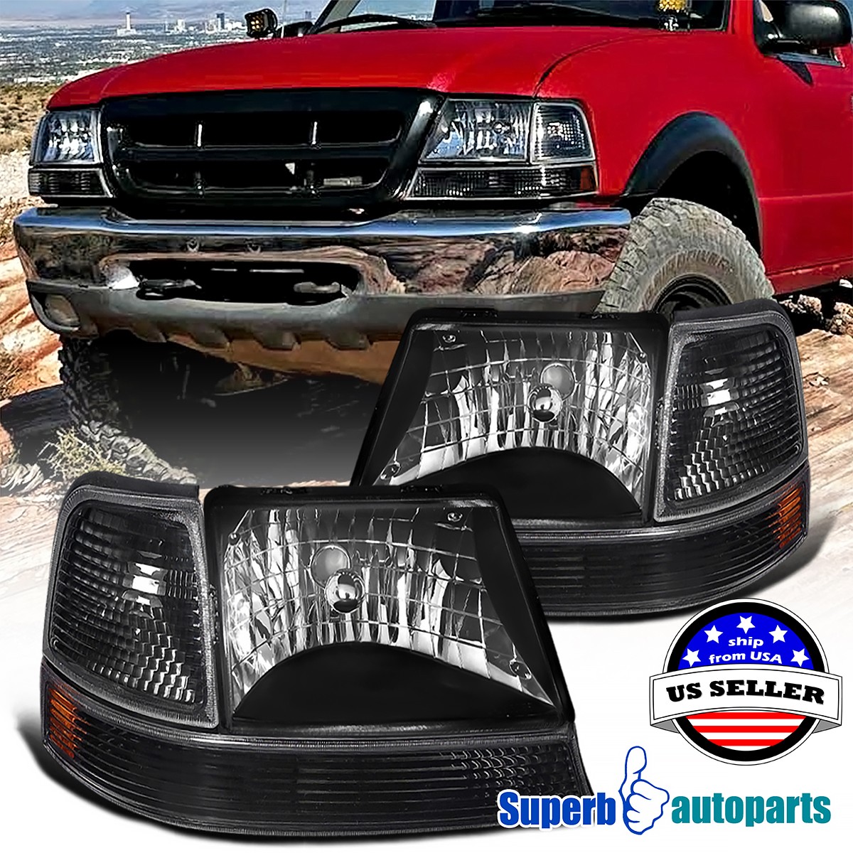 For 1998-2000 Ford Ranger Black Headlights+Parking Corner Lamps Left+Right Pair For 1998-2000 Ford Ranger Black Headlights+Parking Corner Lamps Left+Right Pair