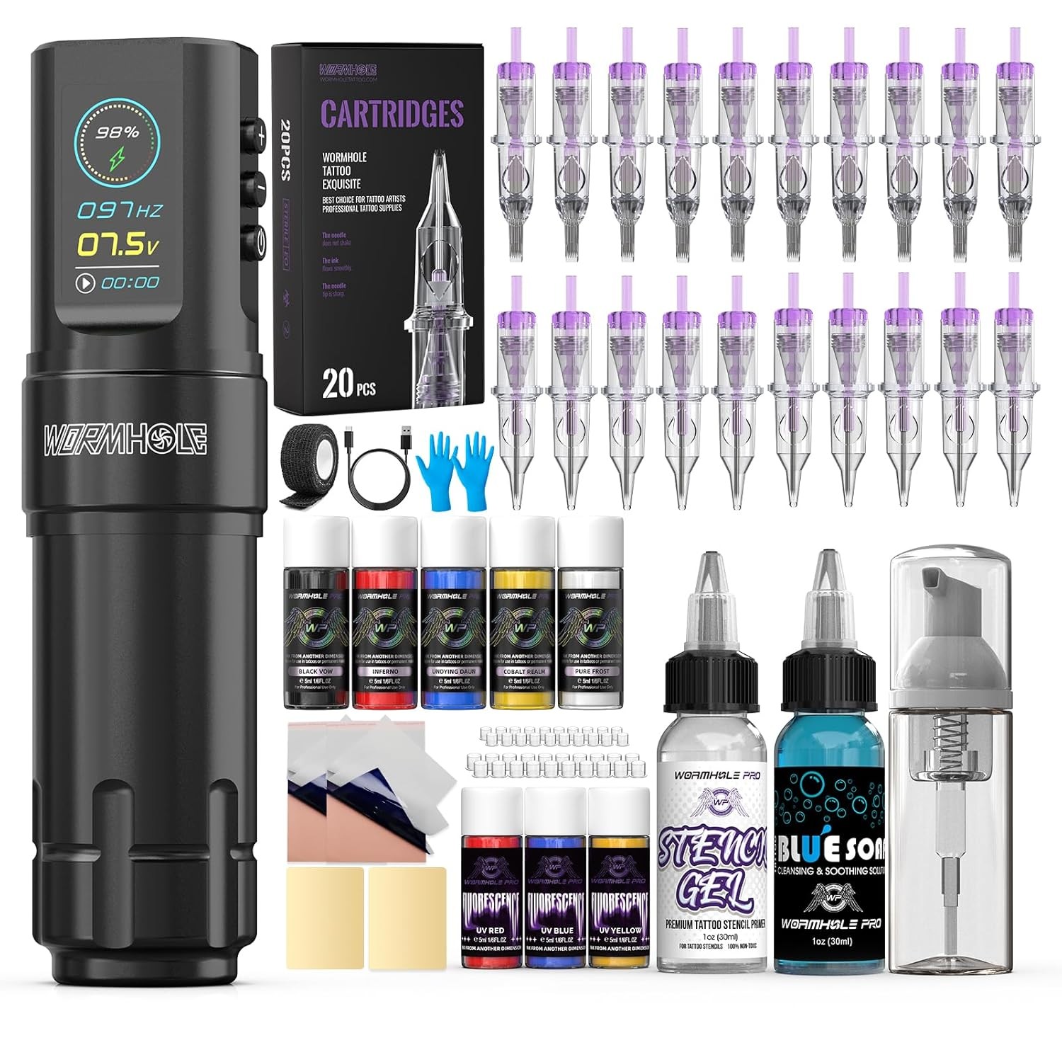 Wormhole Tattoo Gun Wireless Kit – 1800mAh Battery, Jumpstart Mode,... 