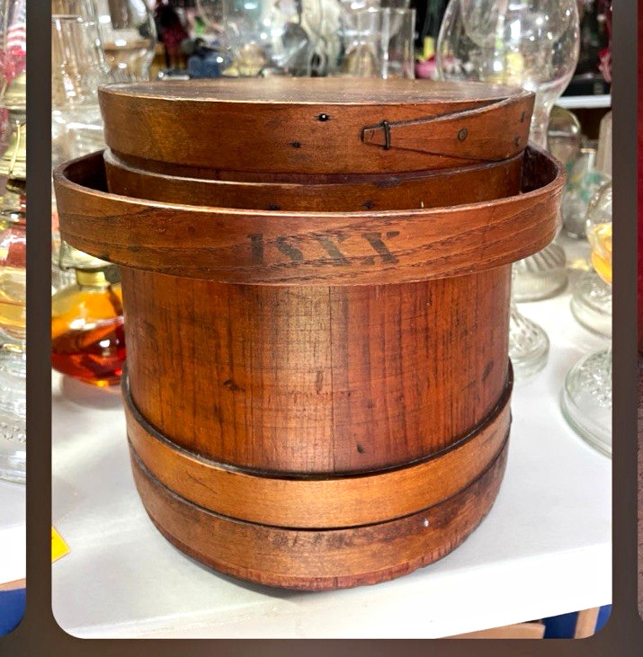 Vintage Wooden Firkin Bucket Storage Basket Round Medium Brown Woven Handle