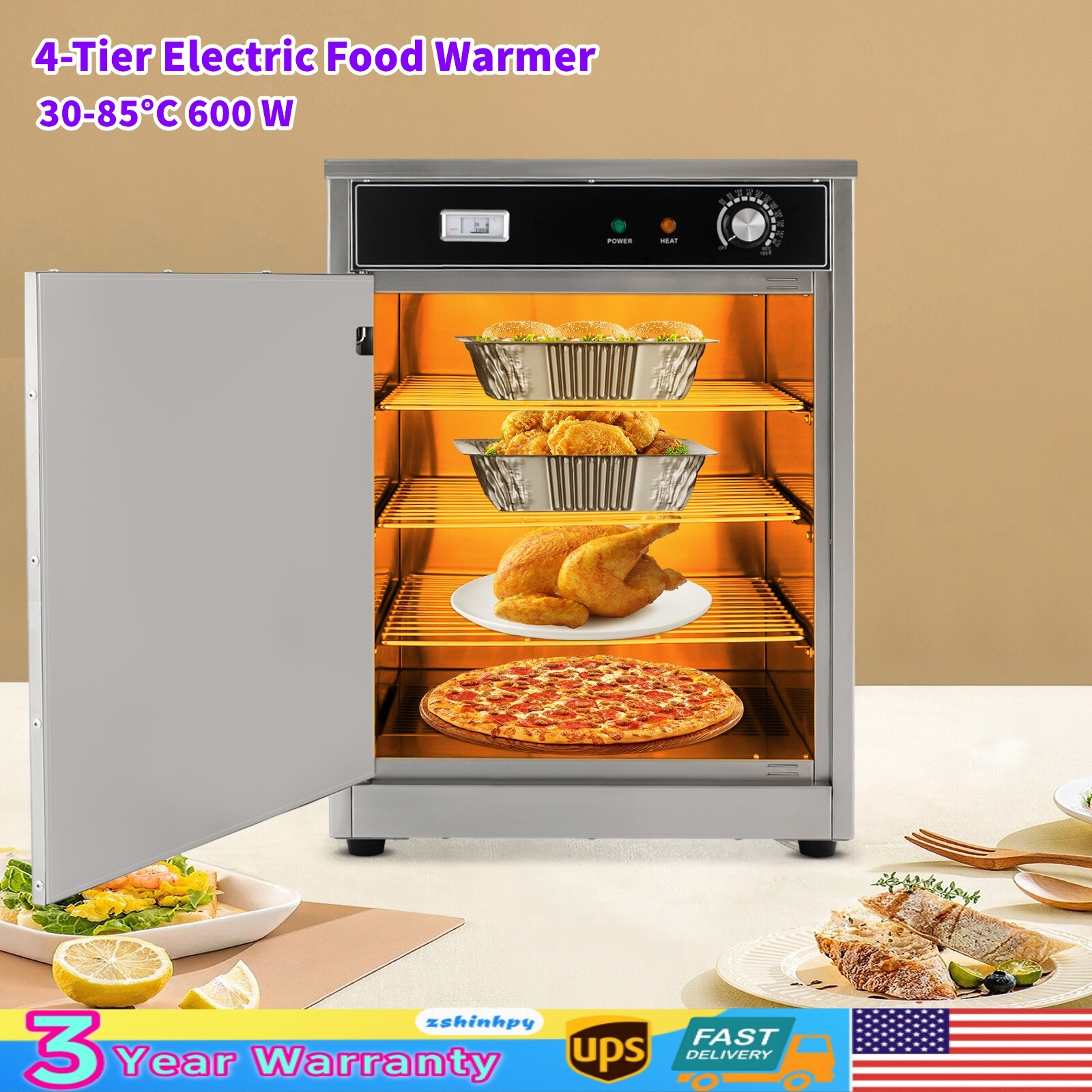 4-Tier Electric Hot Box Food Warmer 600W Commercial Oven Heated Holding Cabinet