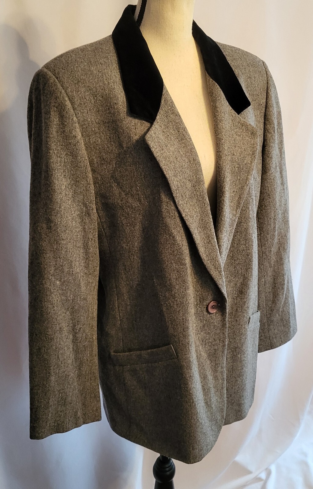 Womens VINTAGE M-L Oversized Blazer Gray 100% WOOL Suede Collar Single Breast 