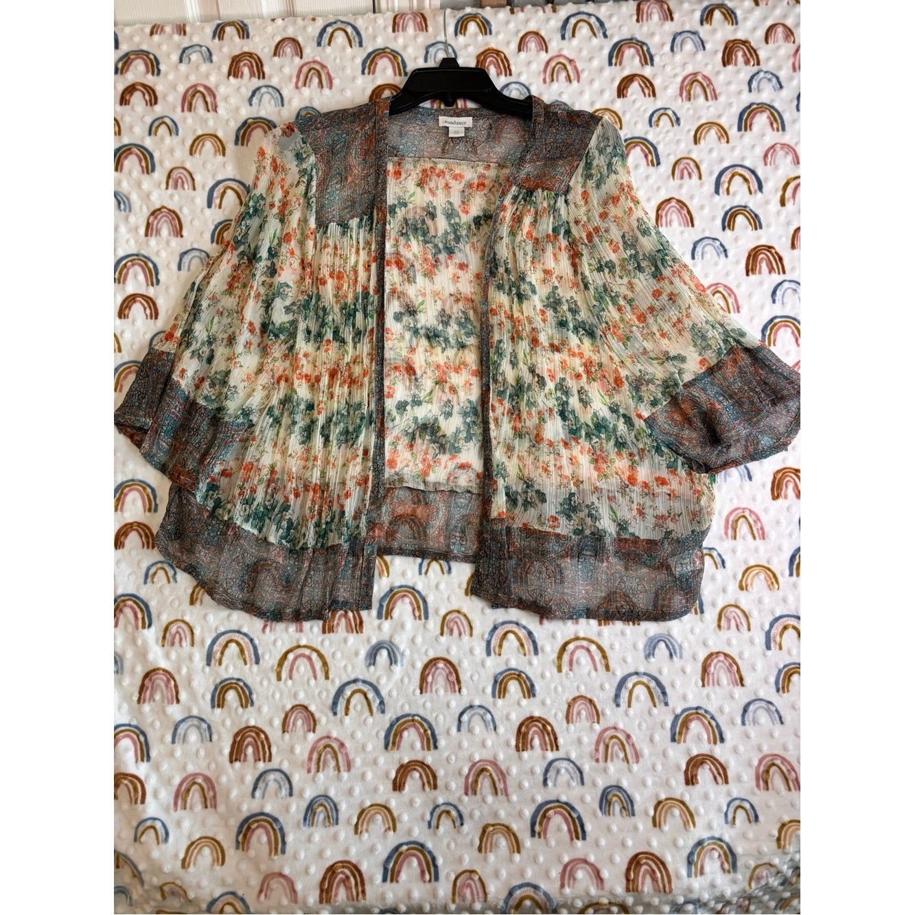 Sundance Sheer Floral Pleated Kimono Boho Blouse in Sage Green & Coral XS