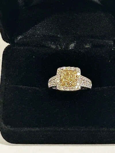 Total 2.61ct GIA Certified 1.50ct Fancy Brownish Yellow Cushion Cut Diamond Ring