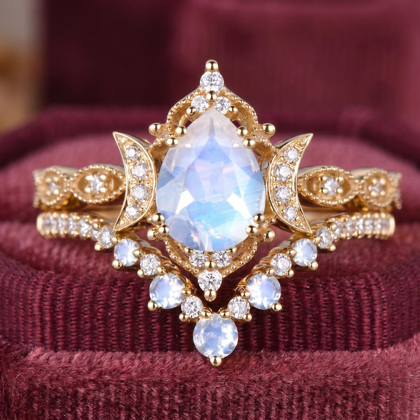 Moonstone Ring Set Pear Cut Crescent Moon Crown in Gold Celestial Bridal .