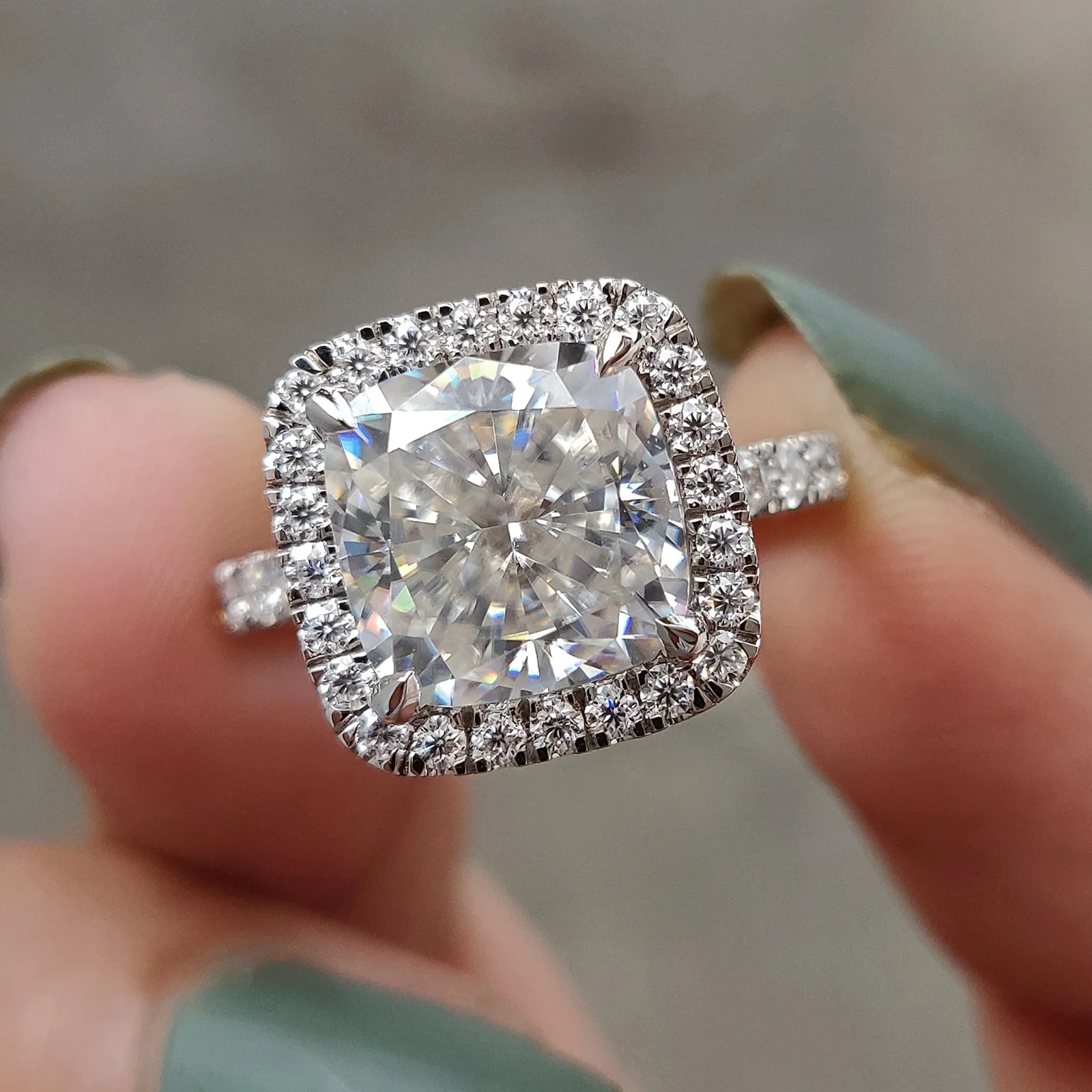 3.5CT Cushion Cut Moissanite Hidden Halo Engagement Ring 14K White Gold Plated 3.5CT Cushion Cut Moissanite Hidden Halo Engagement Ring 14K White Gold Plated