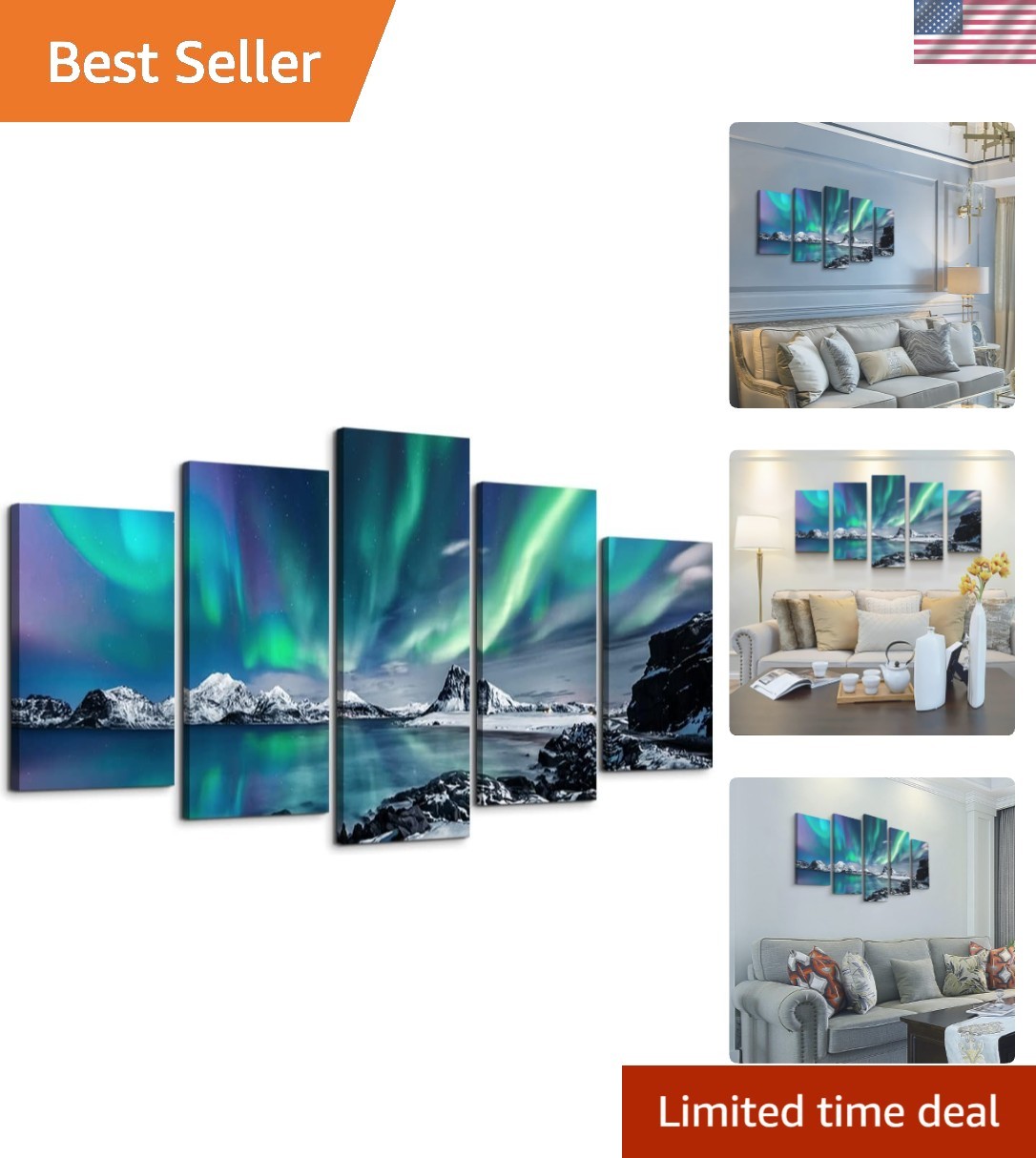 Stunning 5-Piece Blue Aurora Canvas Art - Ready to Hang for Living Spaces