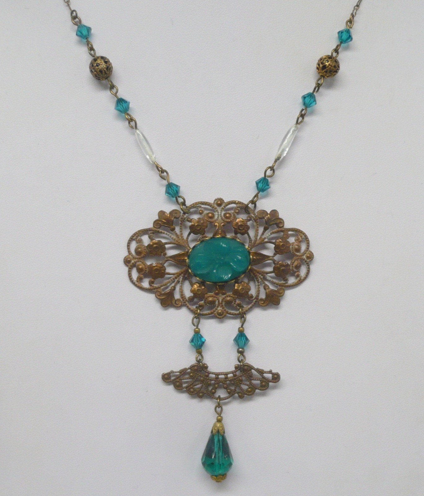 Estate Vintage Czech Ornate Green Molded Glass Beaded Brass Filigree Necklace