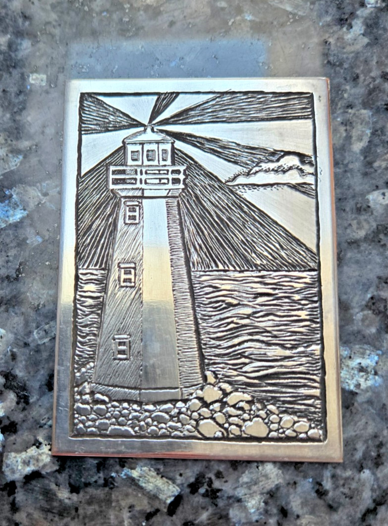 Lighthouse ACEO , Original, OOAK, Hand-Engraved Aluminum  #30 HN 