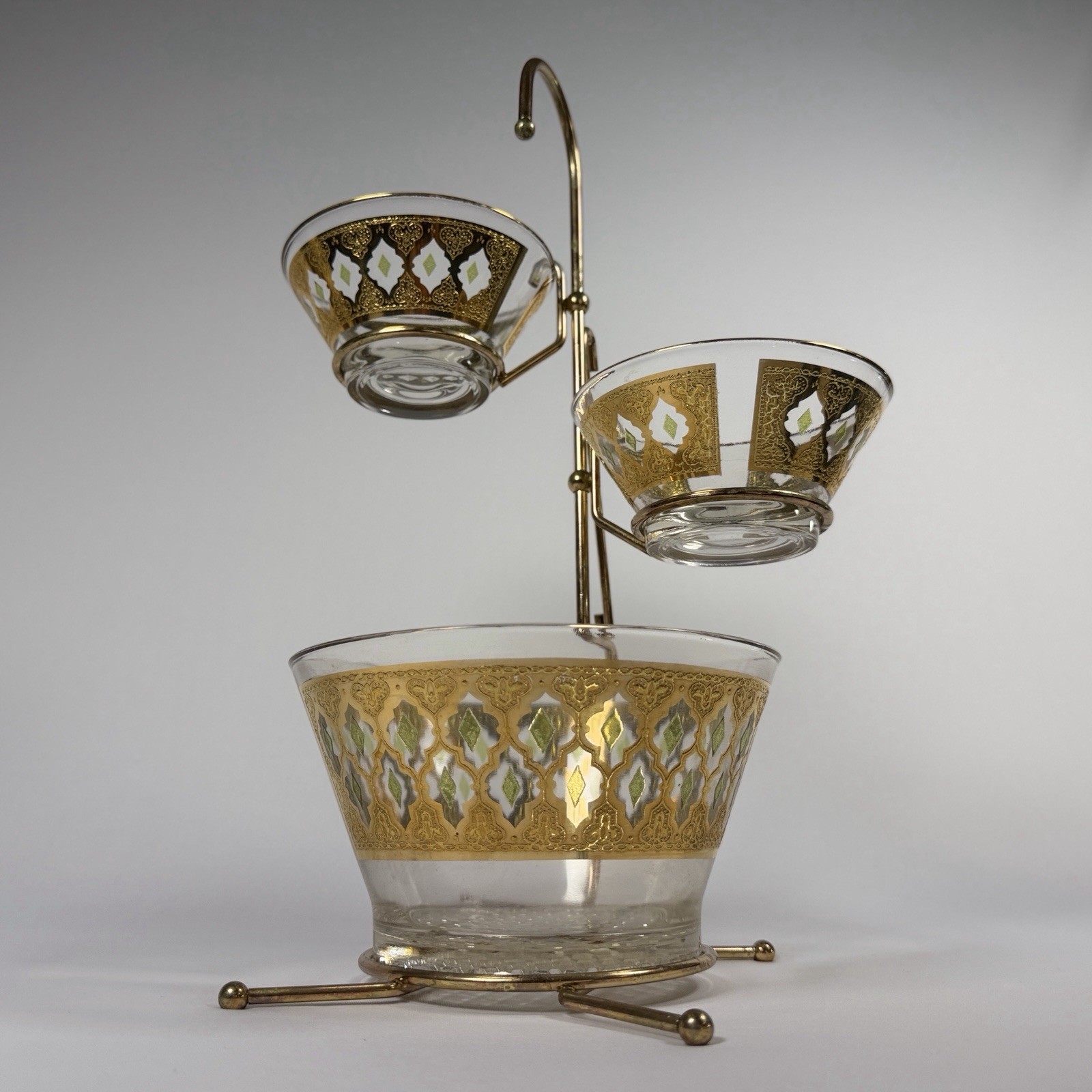 Vintage Culver Valencia 1962 3-Tier Chip & Dip Bowl Set 22K Gold Green MCM