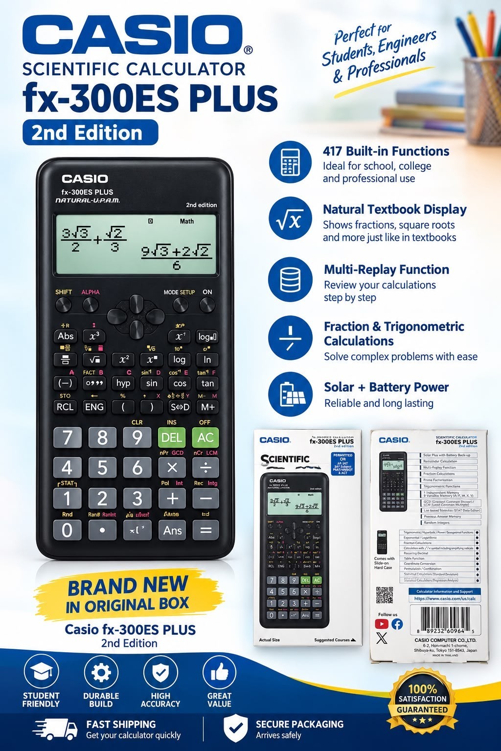 Casio FX-300ES Plus Scientific Calculator Black – Math, Science &Engineering