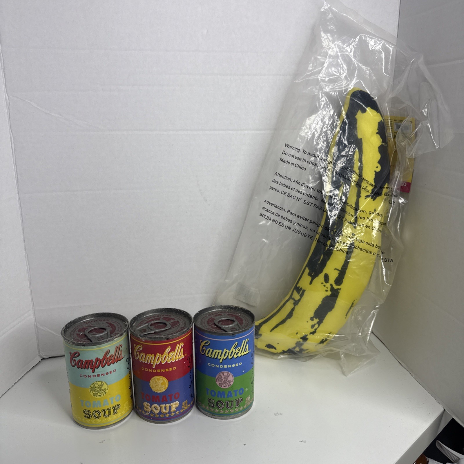 Andy Warhol Kidrobot Banana Plush + Andy Warhol 50th Campbells Tomato Soup Cans