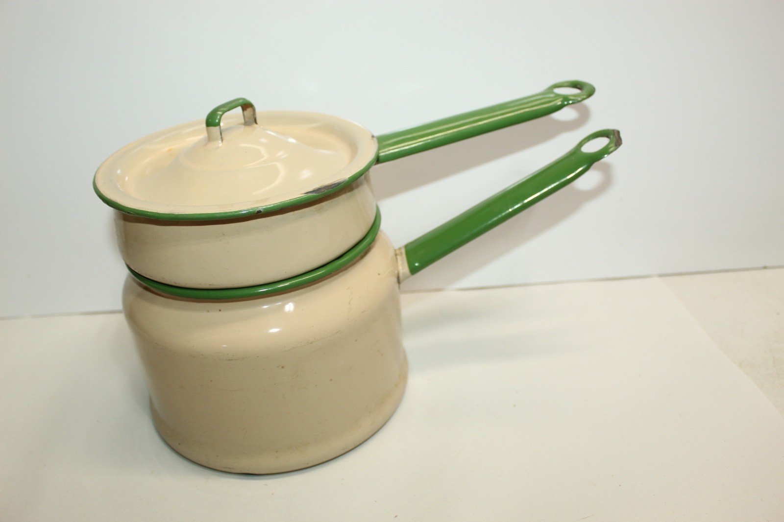 Vintage Cream & Green Enamelware Double Boiler Vintage Cream & Green Enamelware Double Boiler