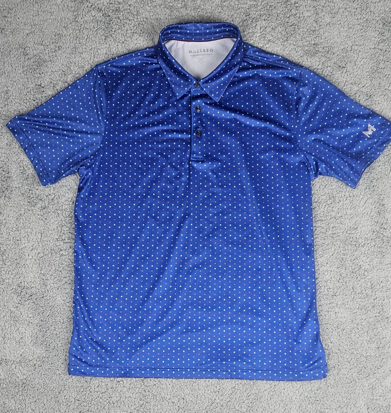 Maelreg Men’s Golf Polo Shirt L Blue Patriotic Star Print Stretch Performance Maelreg Men’s Golf Polo Shirt L Blue Patriotic Star Print Stretch Performance