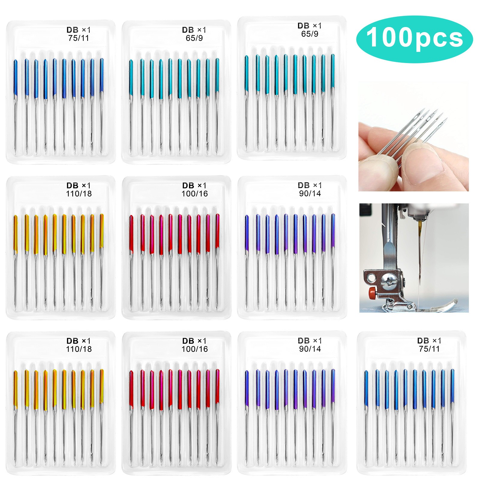 100X Universal Sewing Machine Needles 5 Size DBX1 65/9 75/11 90/14 100/16 110/18