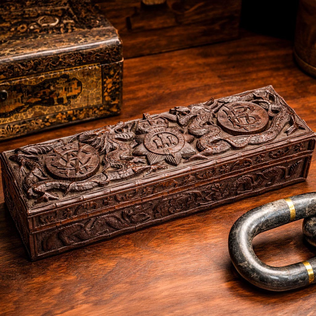 Stunning Hand Carved Anglo Chinese Antique Carved Wood Box Devonshire Militaria Stunning Hand Carved Anglo Chinese Antique Carved Wood Box Devonshire Militaria