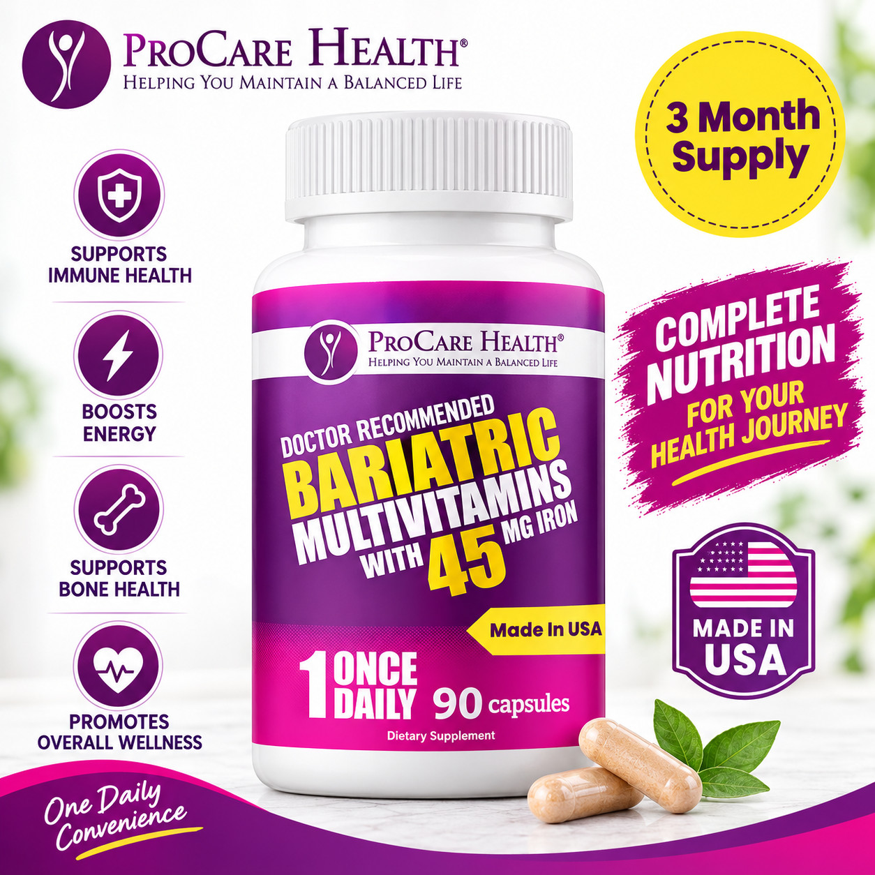 ProCare Health Bariatric Multivitamin 45mg Iron Once Daily 90 Capsule for Gast ProCare Health Bariatric Multivitamin 45mg Iron Once Daily 90 Capsule for Gast