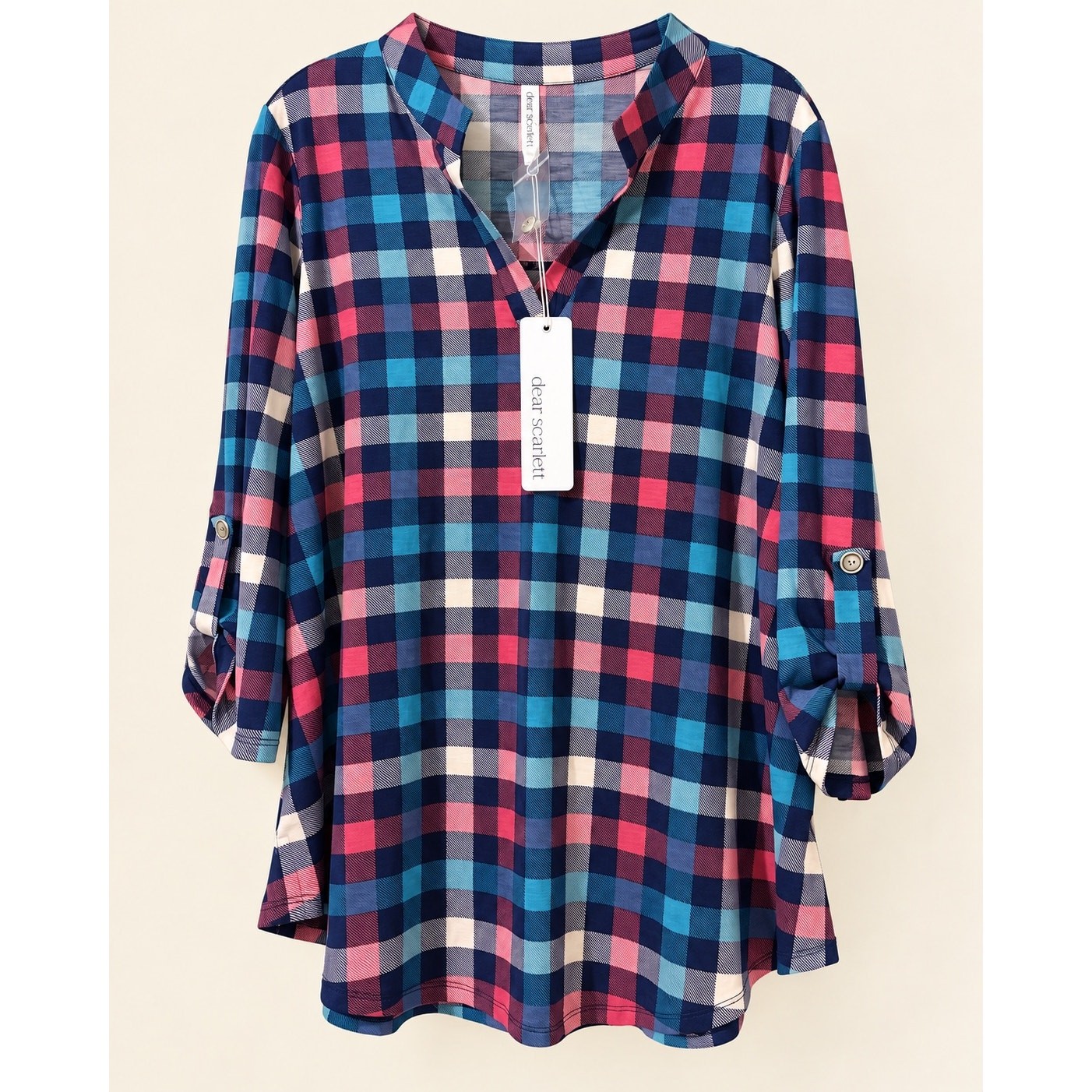 Dear Scarlett Plaid Tunic Blouse Womens L Navy Pink Teal Roll Tab NWOT