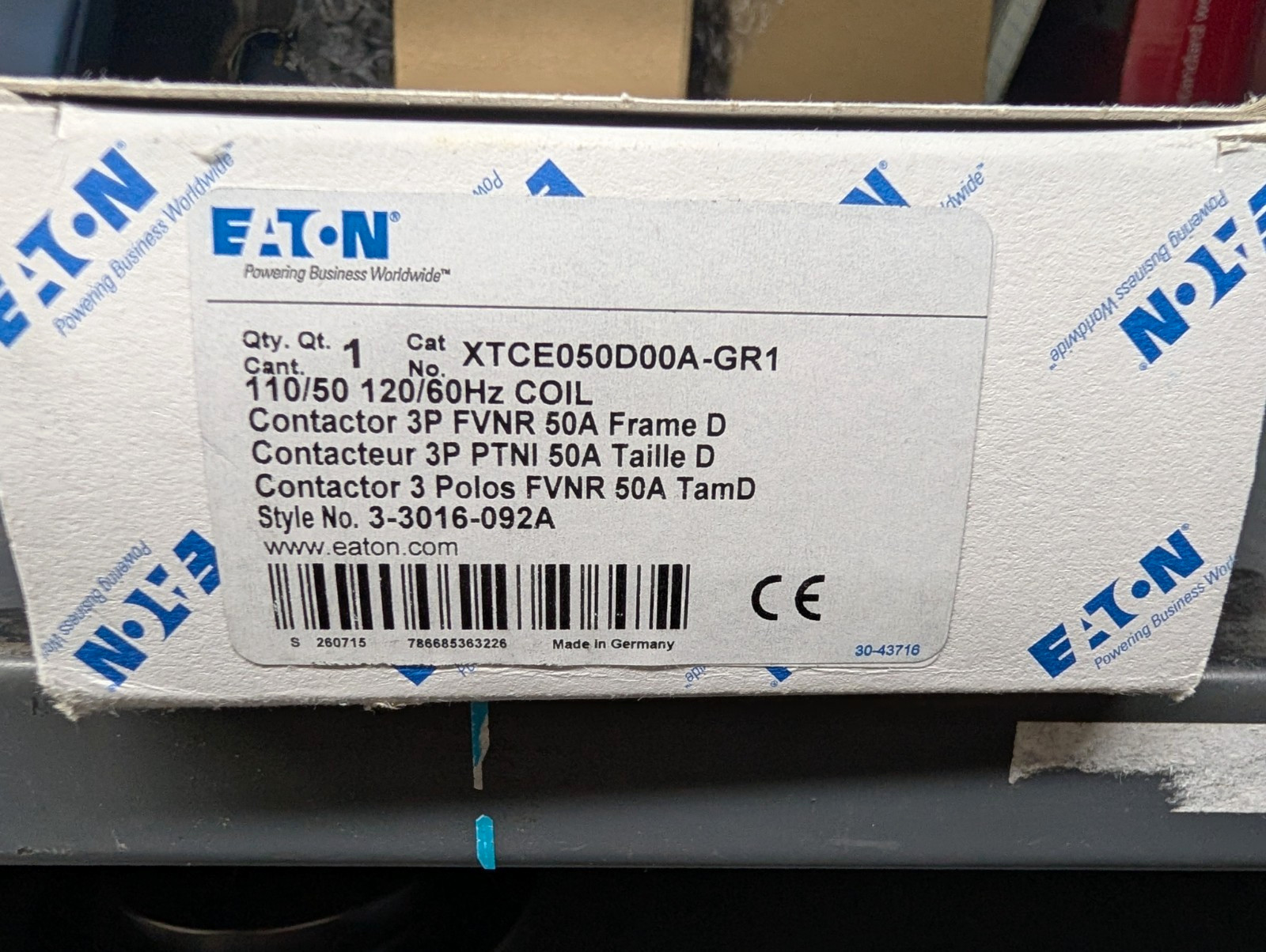 Eaton XTCE Standard IEC Contactor 3-Pole 50A Non-Reversing 110/120V Coil