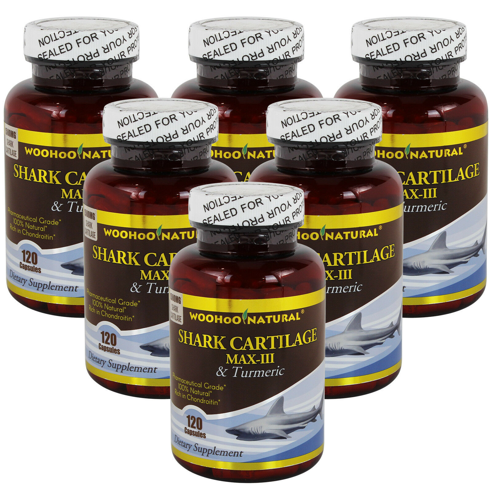 6 x WOHO Natural 100% Natural Shark Cartilage MAX III Tumeric Curcuma 120 Caps