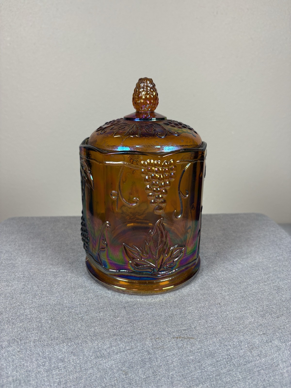 Vintage Indiana Glass Harvest Grape Carnival Glass Lidded Canister Marigold