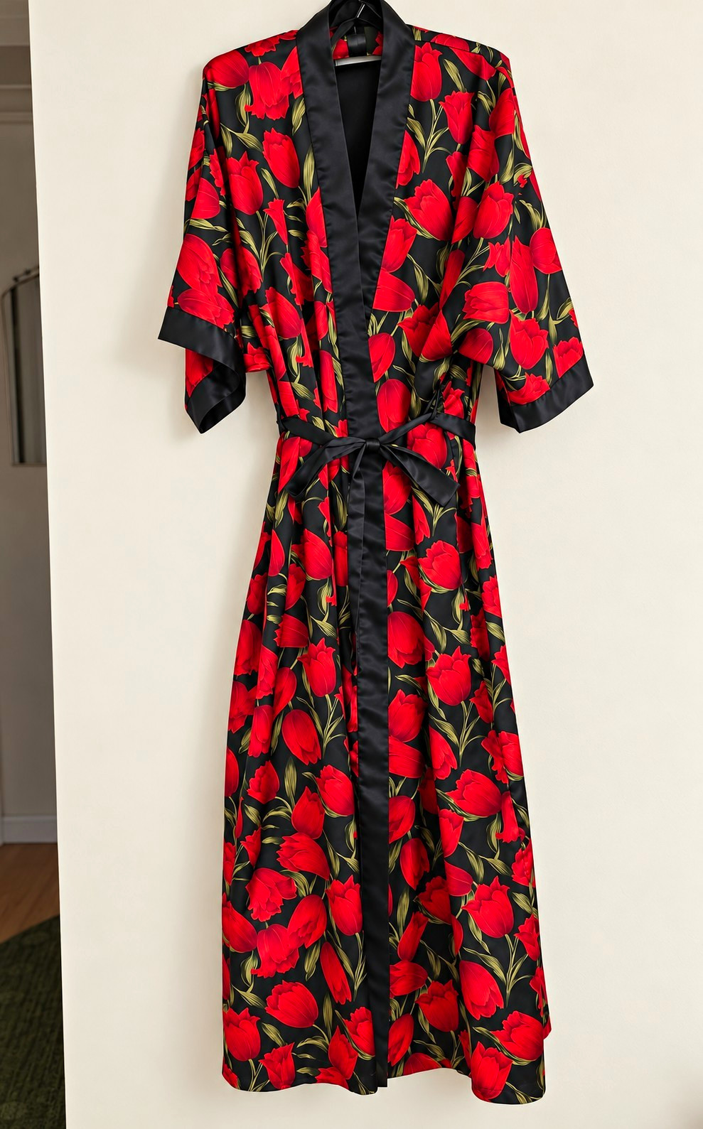 Vintage Contessa Di Roma Red Tulip Floral Satin Maxi Kimono Robe M Belted
