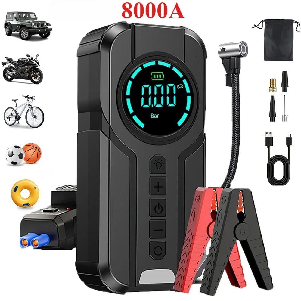 8000A Car Jump Starter with Air compressor Power Bank Battery Charger Portable
