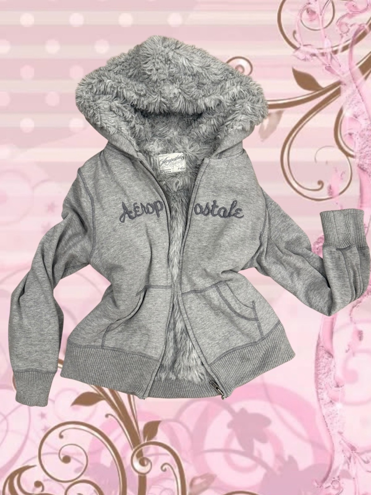Vintage Aeropostale Gray Fur-Lined Hoodie Jacket