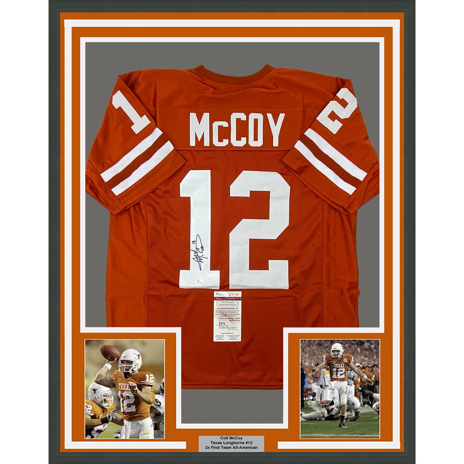 Framed Autographed/Signed Colt McCoy 35x39 Texas Orange Jersey JSA COA Framed Autographed/Signed Colt McCoy 35x39 Texas Orange Jersey JSA COA