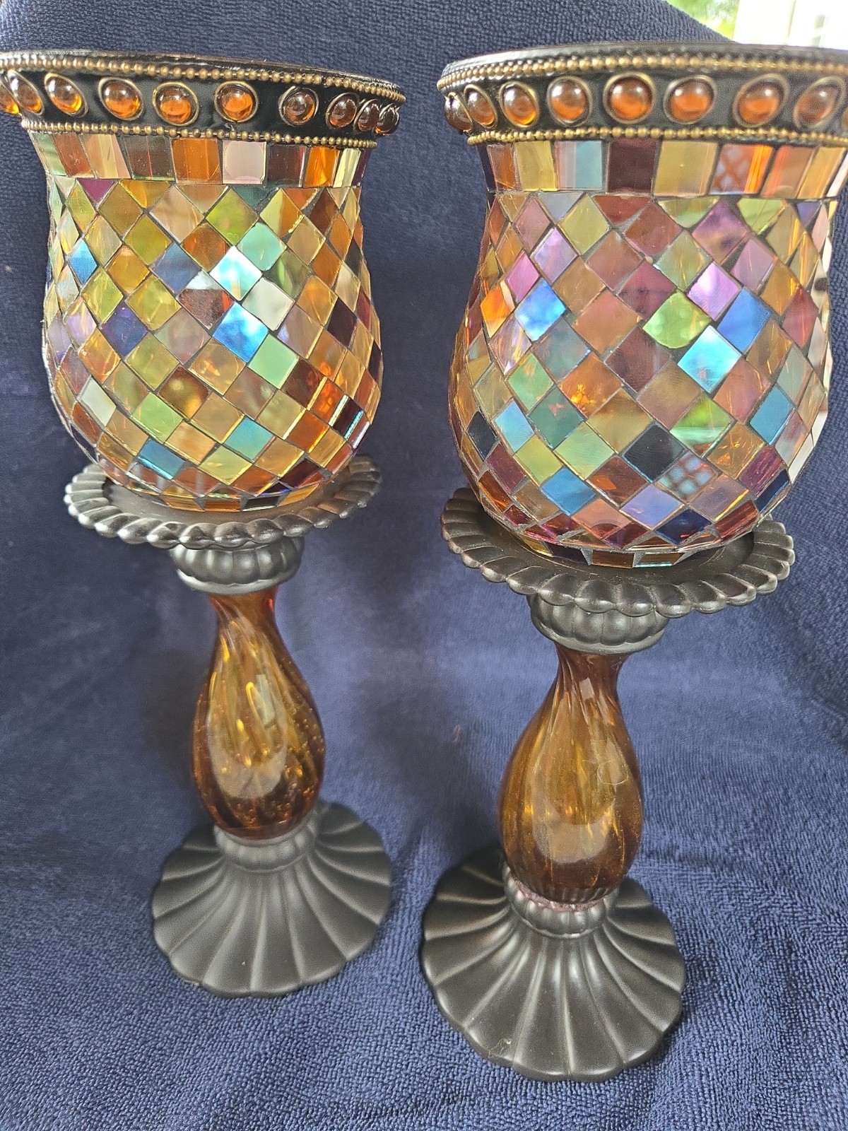 PartyLite GLOBAL FUSION Peglite Pillar Holder Candle Mosaic Tile Glass Lot Of 2