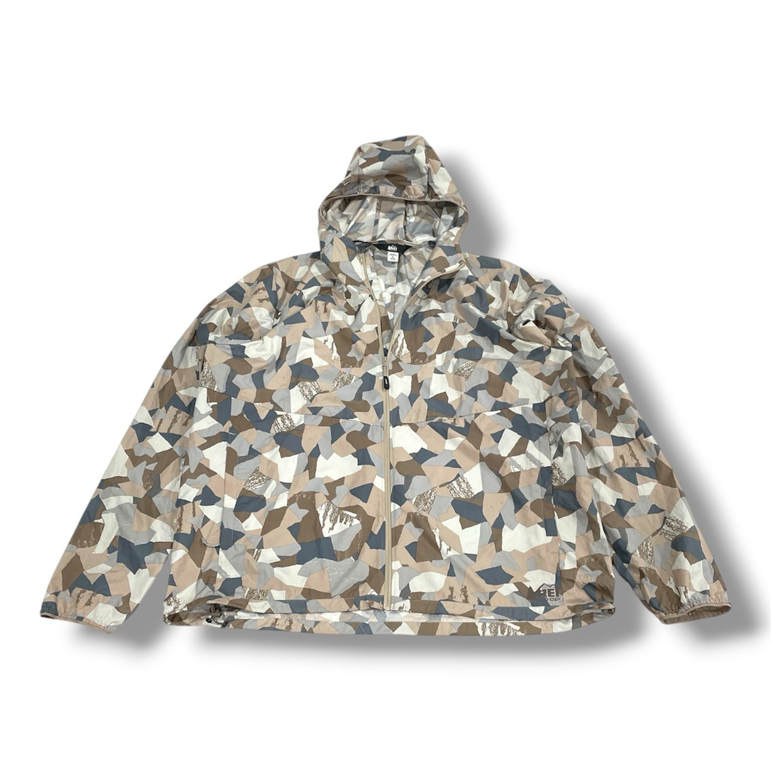 REI Co-op Men\'s Packable Hooded Full Zip Windbreaker Jacket Neutral Camo Men XL REI Co-op Men\'s Packable Hooded Full Zip Windbreaker Jacket Neutral Camo Men XL