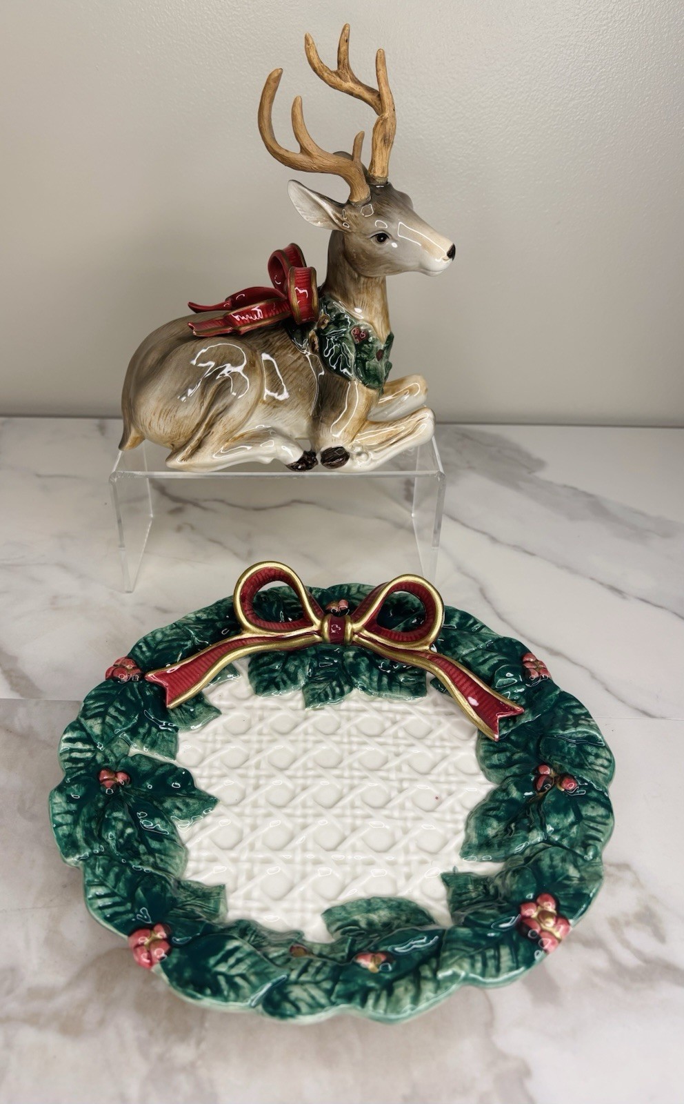 Vintage Fitz & Floyd “Holiday Leaves” Reindeer Candle Holder & Canapé Plate