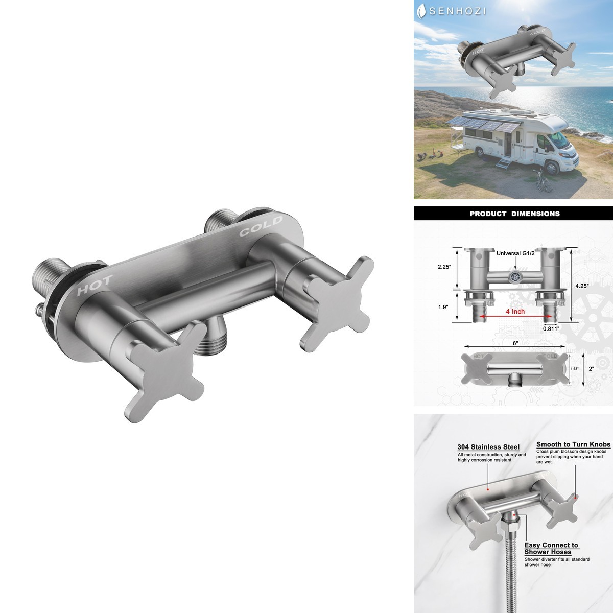 Senhozi All Metal RV Shower Faucet, Brushed Nickel, 4 Inch Camper Faucet