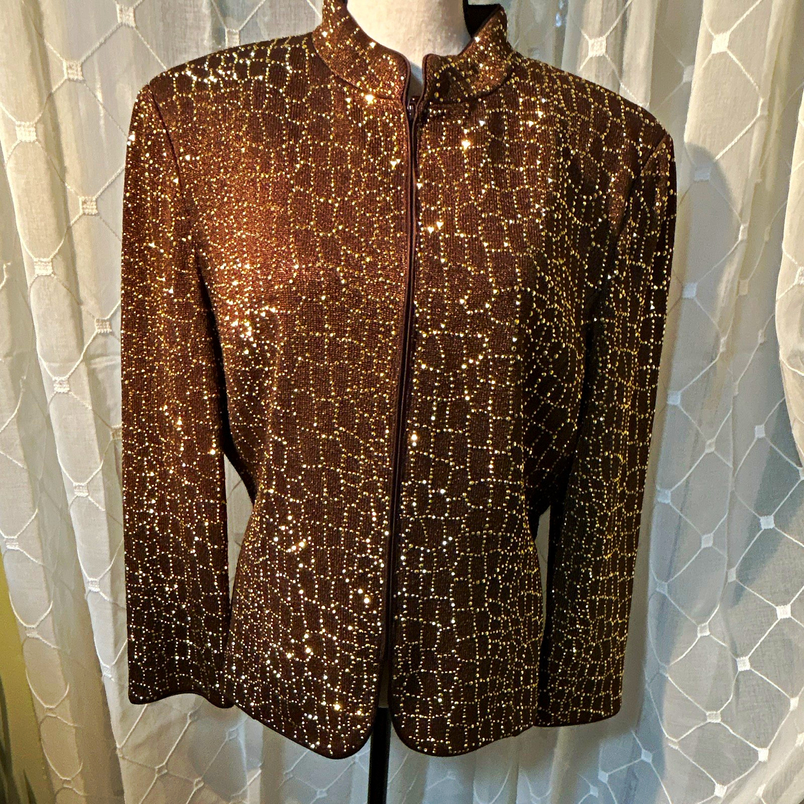 St. John Brown/Gold Beaded Geometric Full Zip Lined Short Jacket Women\'s 14 St. John Brown/Gold Beaded Geometric Full Zip Lined Short Jacket Women\'s 14