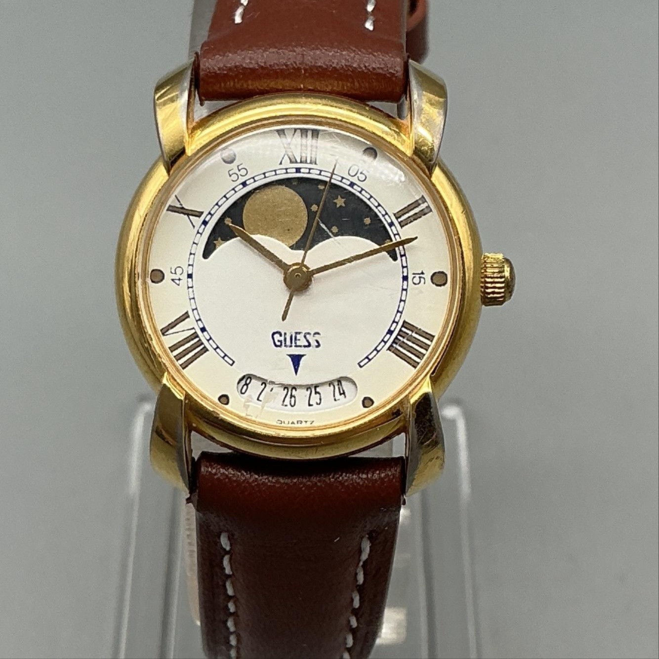 Vintage Guess Womens Watch 24mm Moon Phase Brown Leather Date New Battery