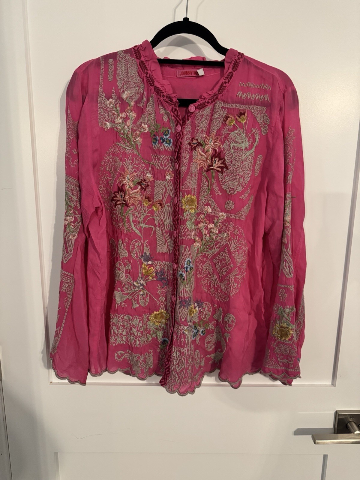 $199 NWOT New Johnny Was Albee Embroidered Blouse Top Pink Multicolor L Large