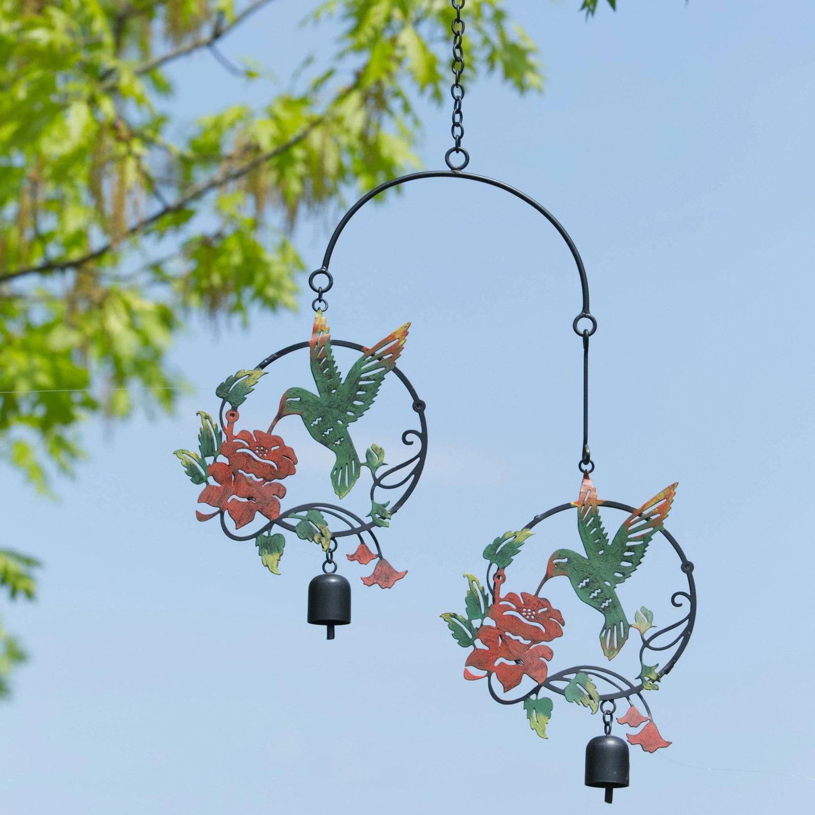Hummingbird and Lily Ornament, Multicolor Metal Bell Design, Garden Gift