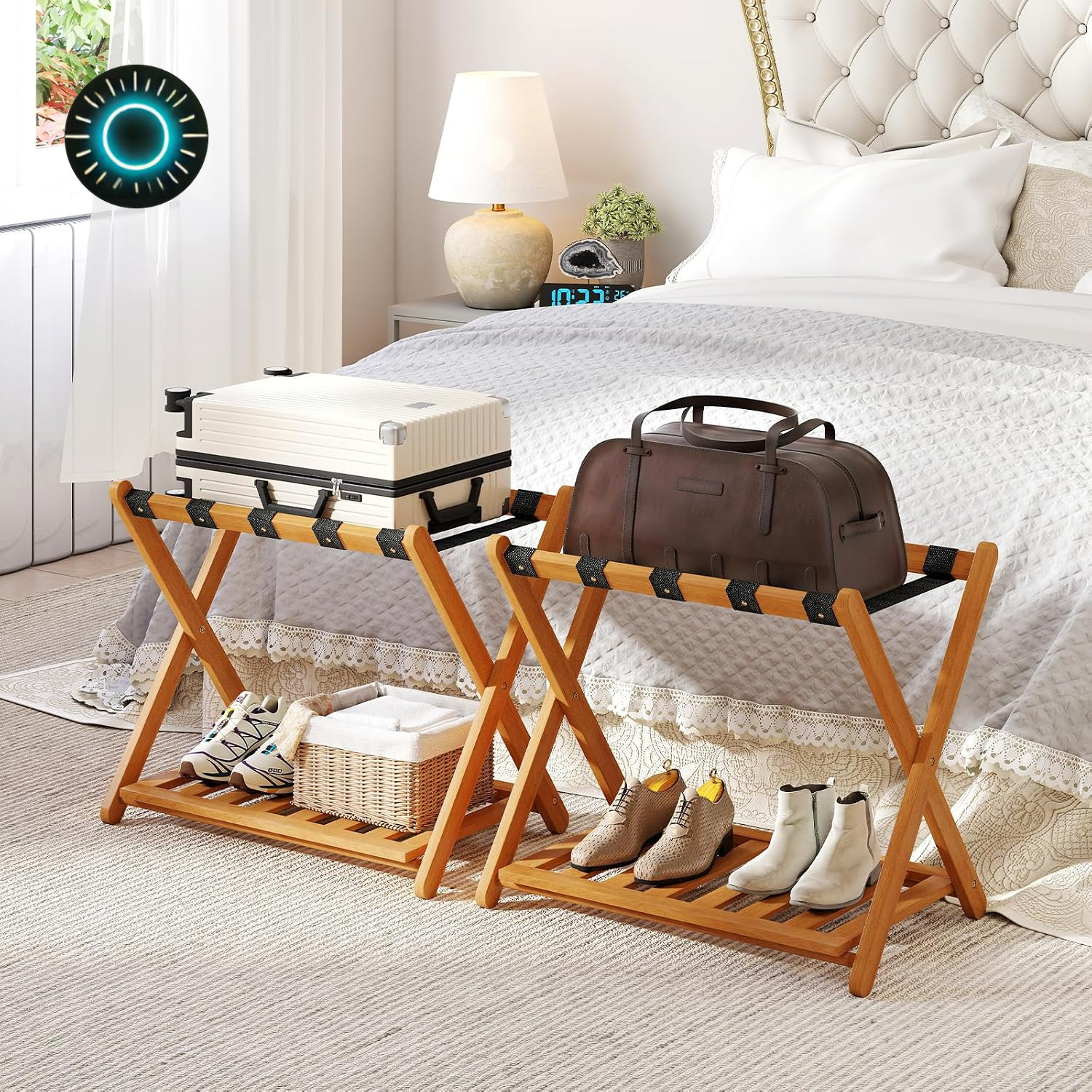 Folding Acacia Wooden Luggage Rack Stand - 2 Pack with Storage Shelf 200 LBS Ca