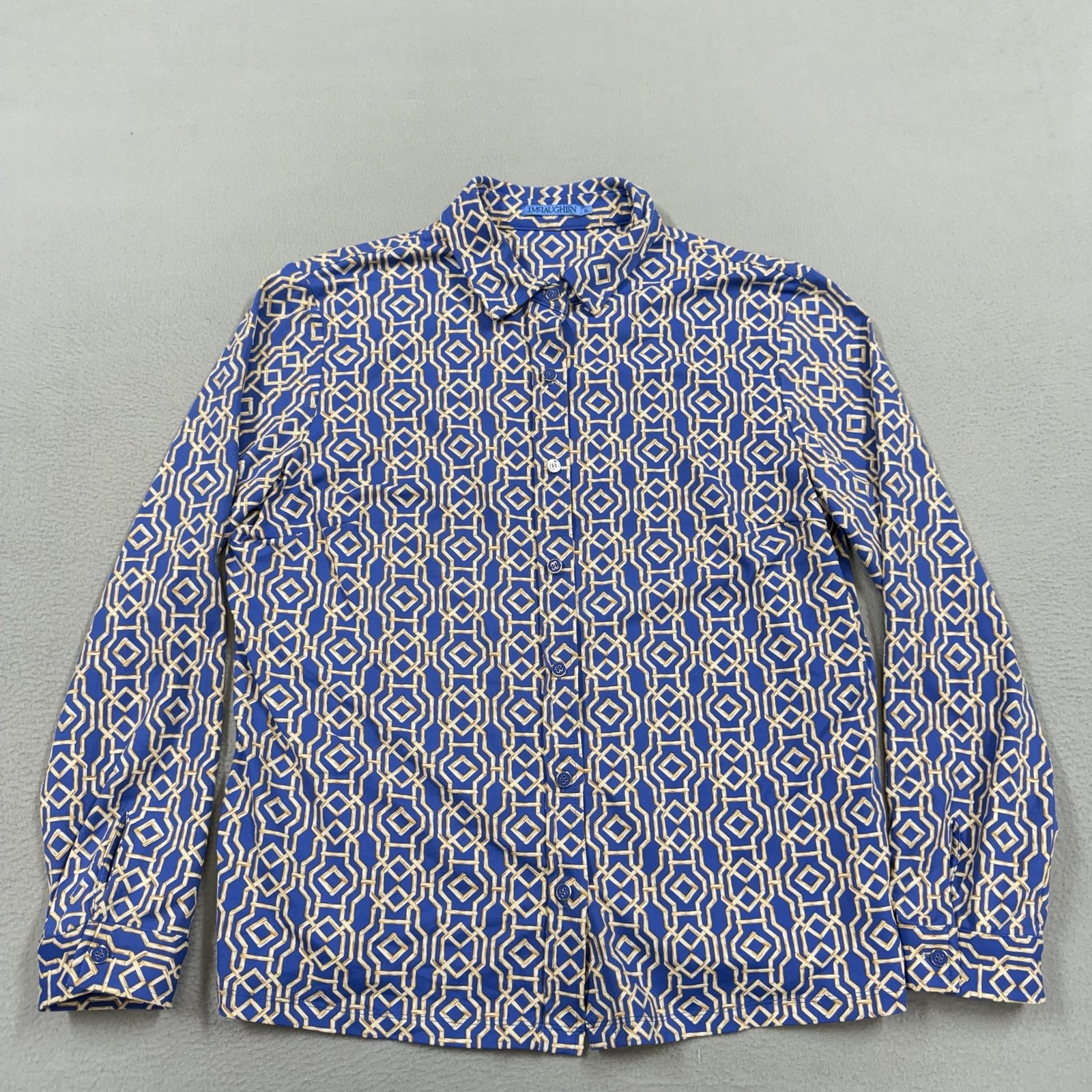 J. McLaughlin Shirt Womens XL Blue Geometric Print Button Front Long Sleeve Top